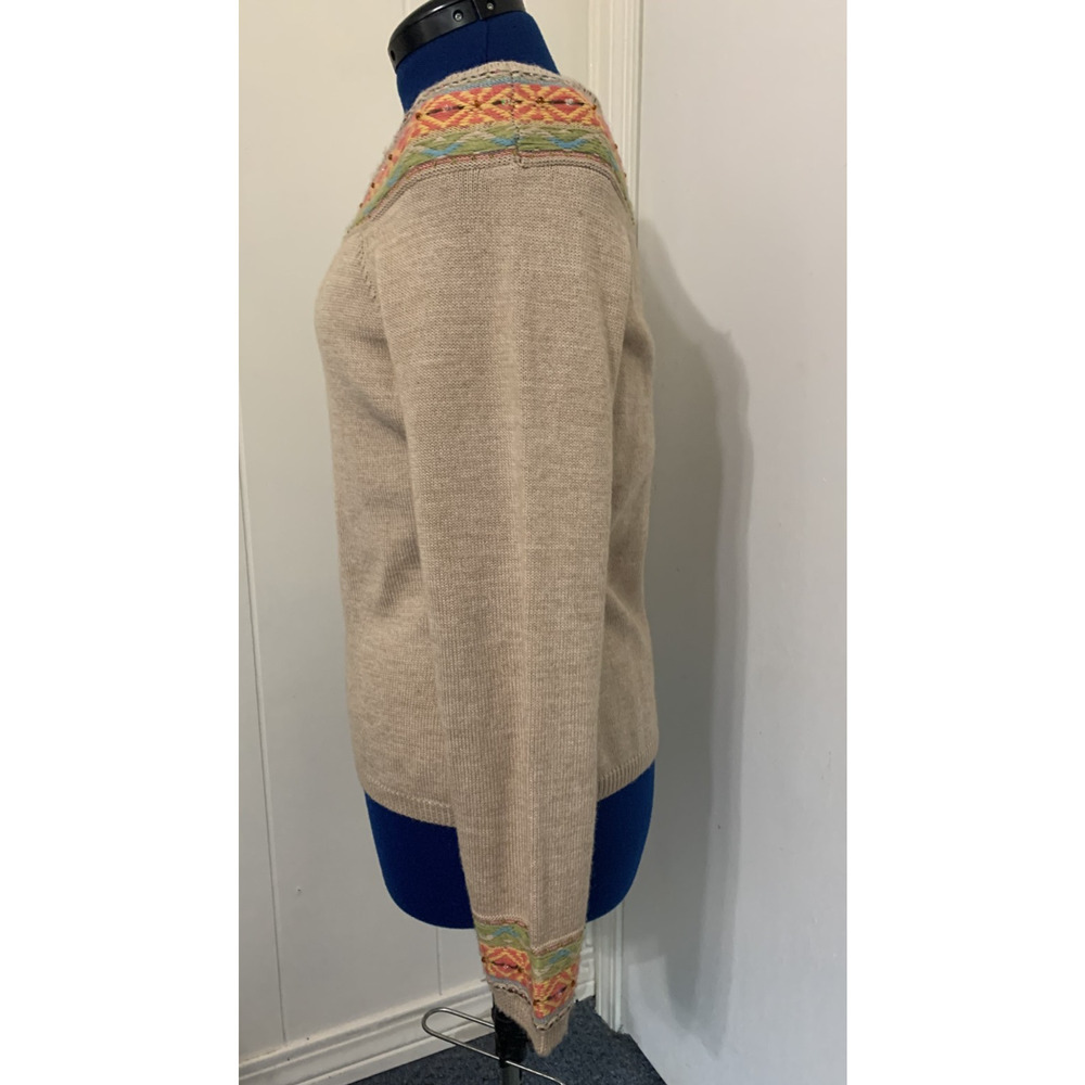 LizClairborne Fair Isle Chunky Knit Camel Wool Blend Beaded Boat Neck Sweater XL - Picture 2 of 10